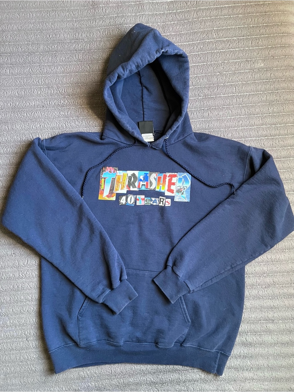 Y2K Thrasher 40 Years Hoodie Navy Blue Boxy Baggy Fit Skater Mens unisex Small